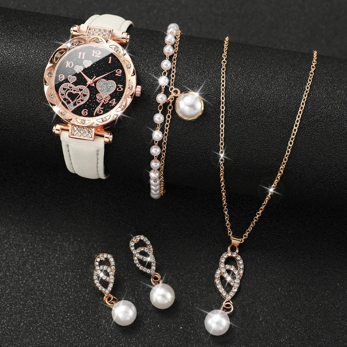 Shiny Rhinestone Watch & Faux Pearl Jewelry Set โ 4PCS Elegant Gift for Her