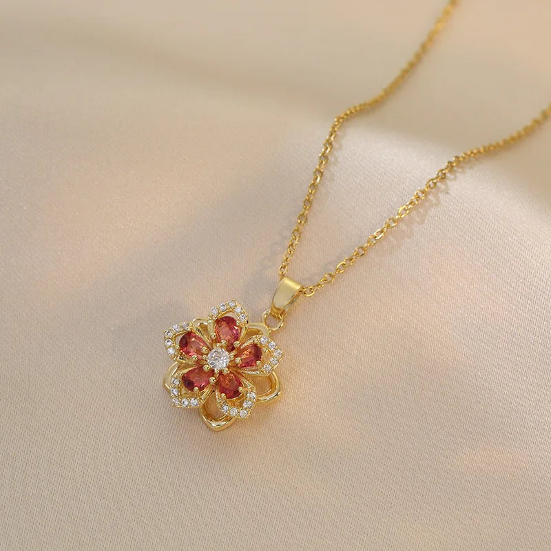 Spin Zircon Flower Pendant Necklace β Elegant Gold-Tone Statement Jewelry for Women