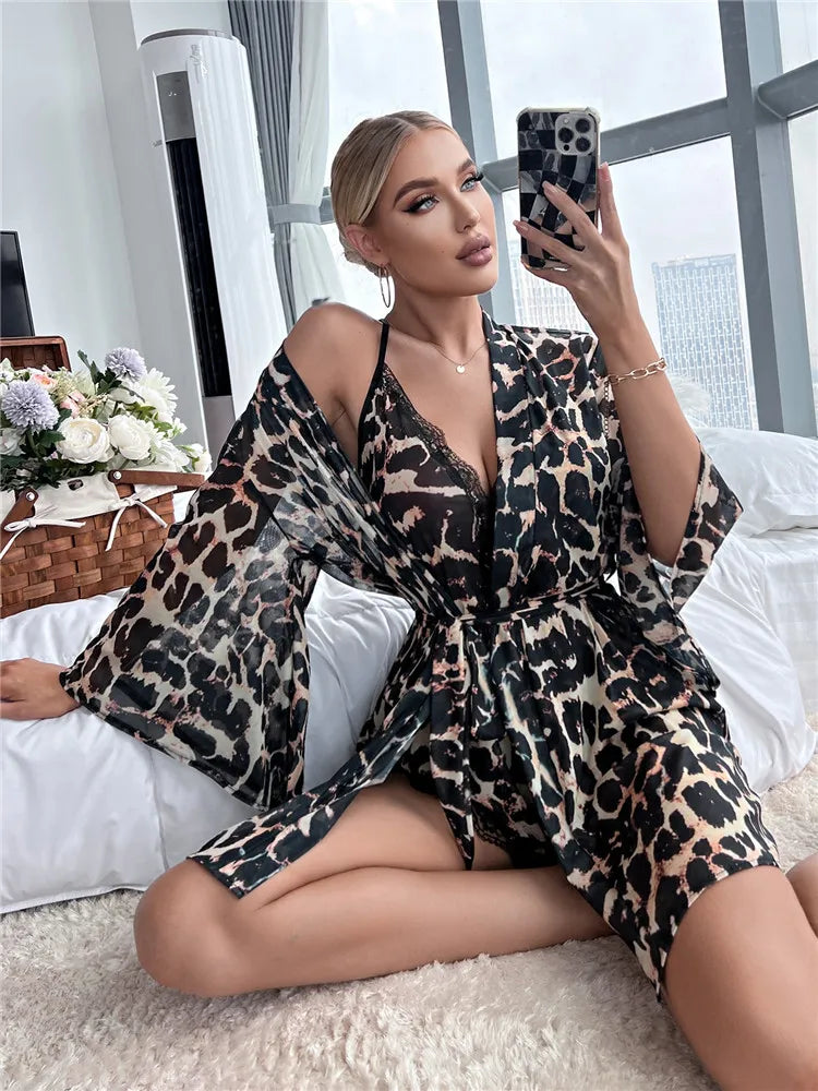 WildNights β Leopard Mesh Sleep Robe & Backless Romper Set