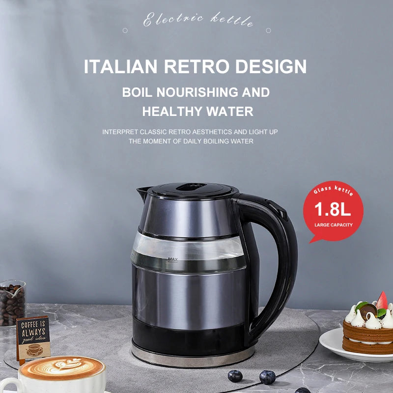 GELAIBO Double-Layer Electric Kettle β High Borosilicate Glass, Color Steel, Anti-Dry Protection