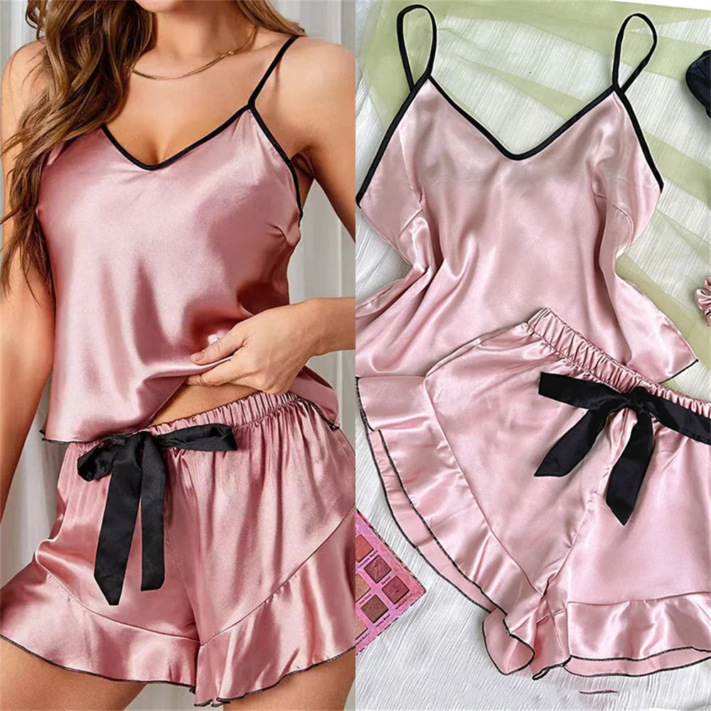 SatinEase β Women's Ruffle Satin Pajama Set