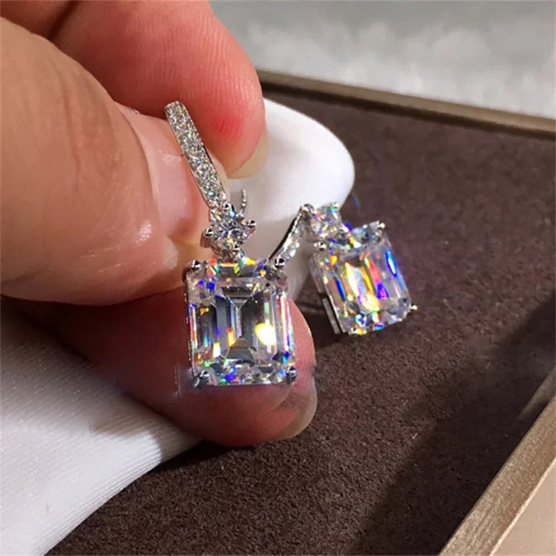 Elegant Cuboid Zircon Dangle Earrings – Sparkling Silver-Plated Statement Jewelry