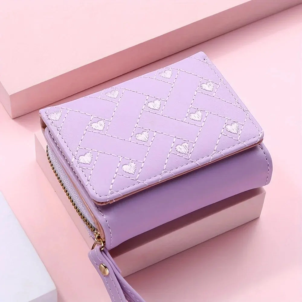Women’s Short Embroidered Love Wallet – Large Capacity Card & Coin Zipper Bag