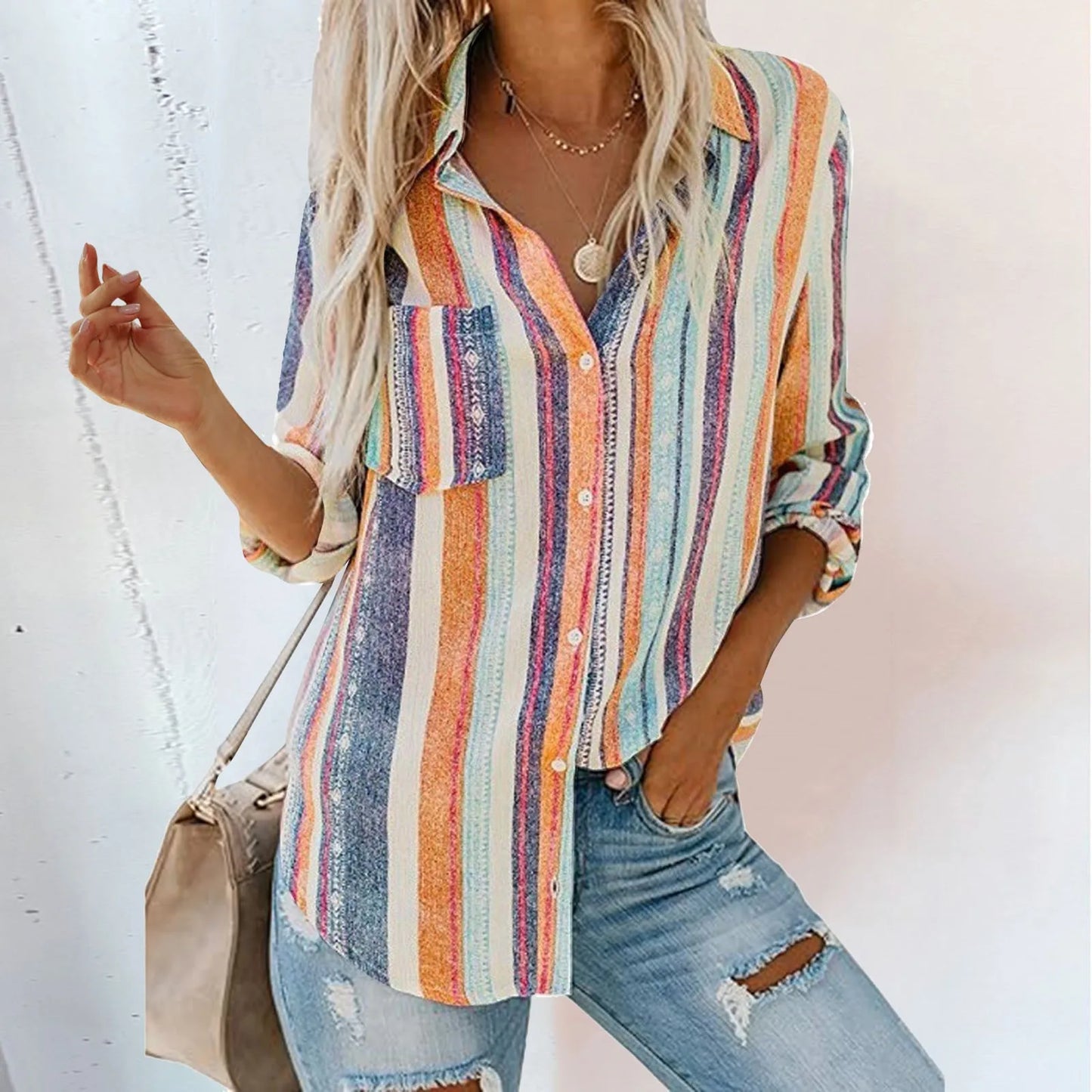 StriVibe β 2025 Striped V-Neck Button Blouse