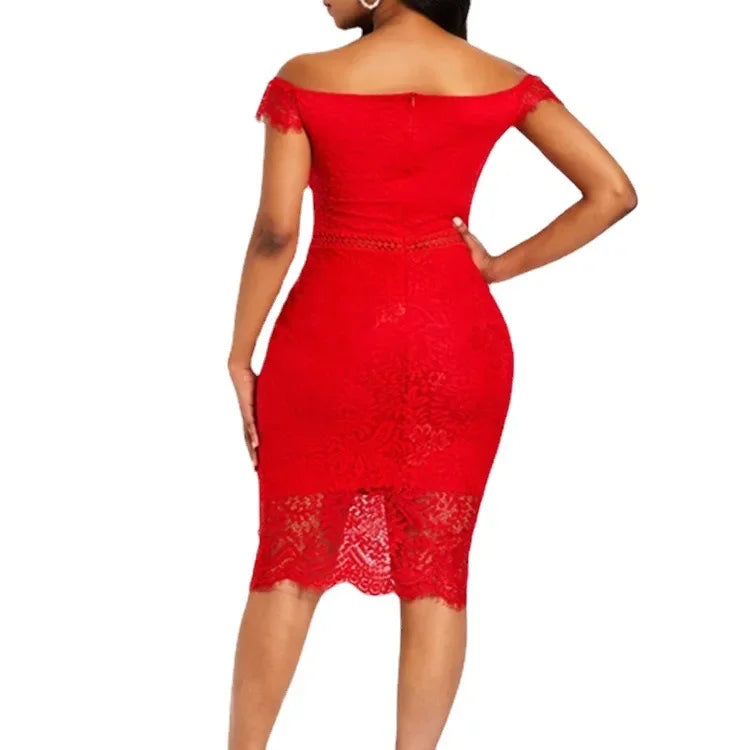 ÉclatCharm – Off-Shoulder Lace-Up Evening Dress with V-Neck Elegance