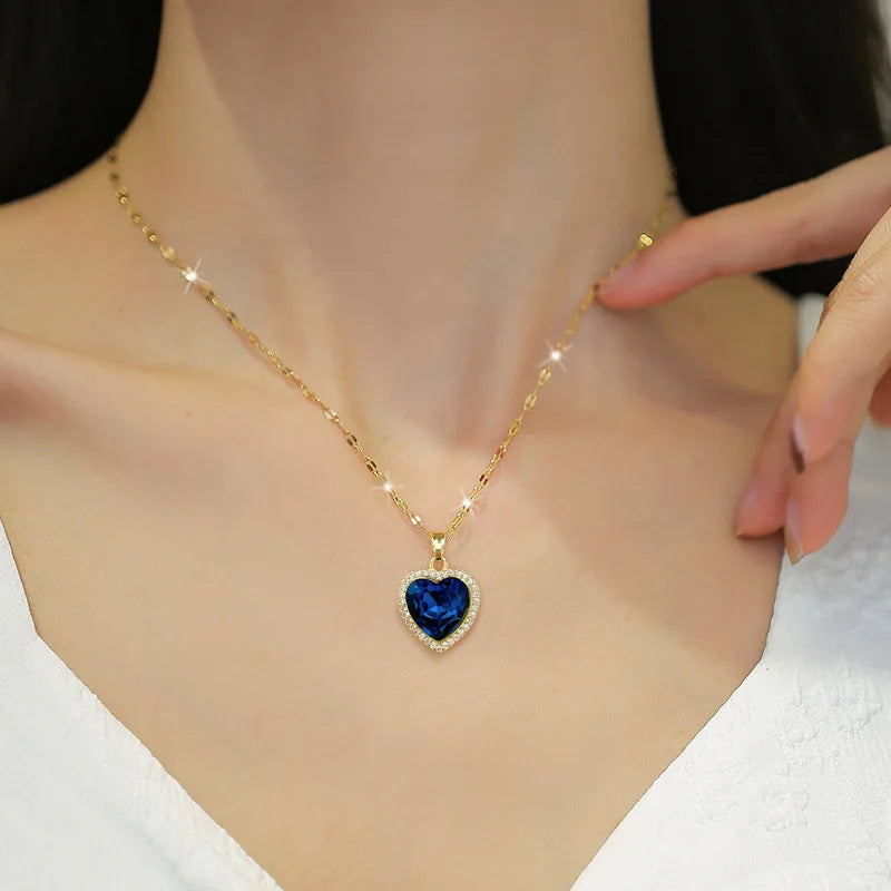 Blue Zircon Heart Pendant Necklace โ 316L Stainless Steel Clavicle Chain Jewelry Gift