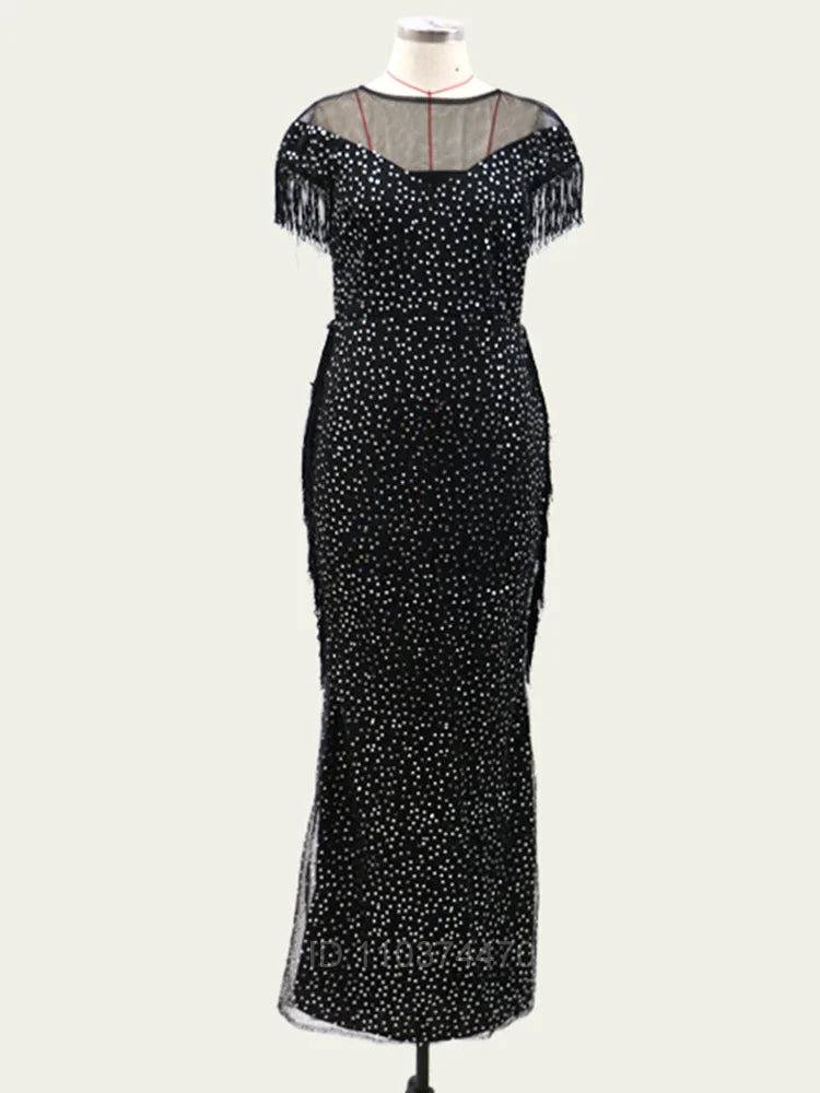 TulleWhisper β Embroidered Leaf Tassel Evening Gown