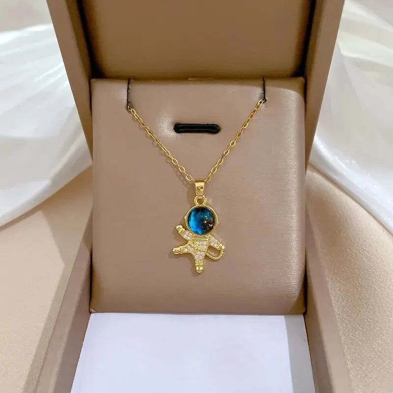 Titanium Star & Planet Pendant Necklace β Gold Astronaut Moon Charm Jewelry for Women