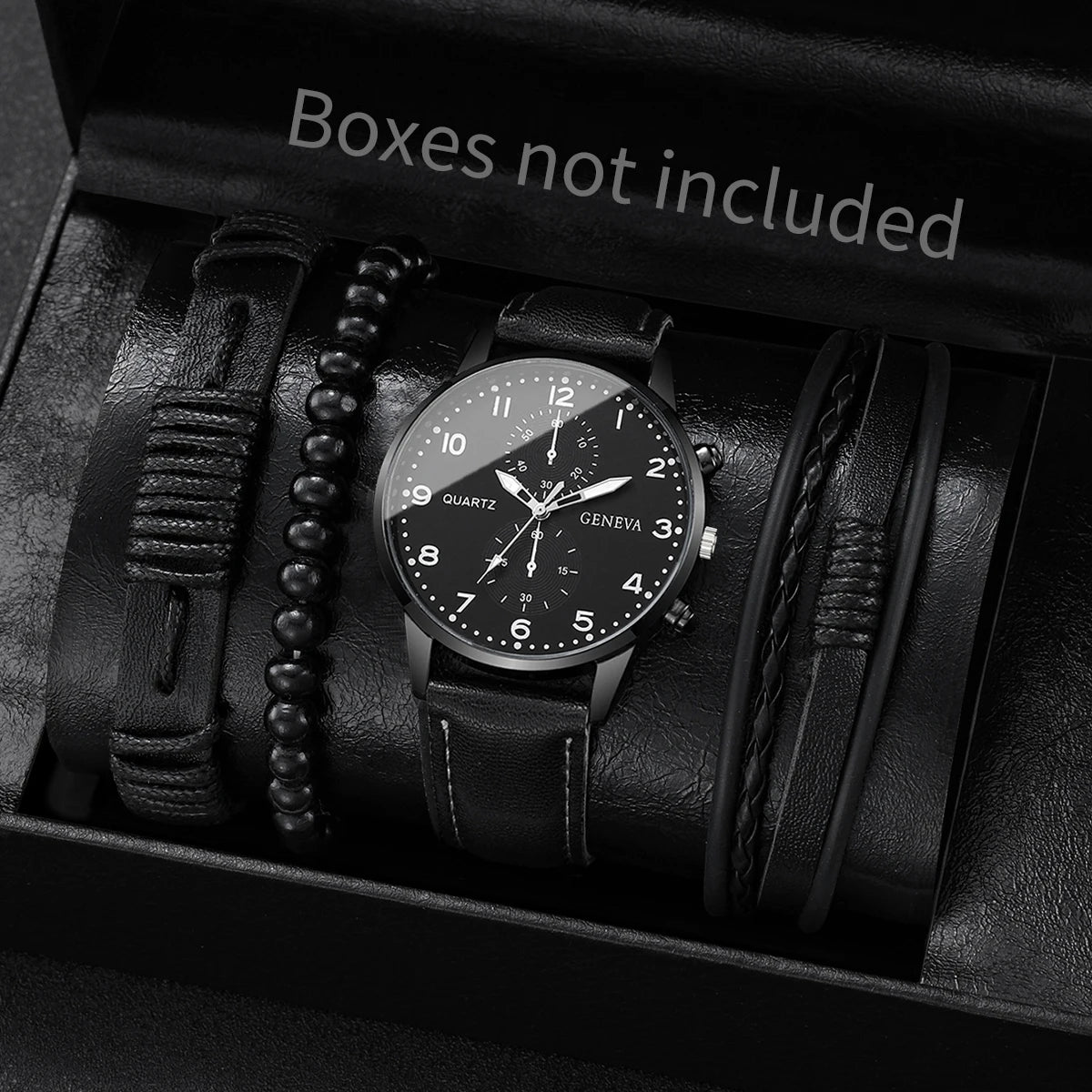 4/5-Piece Men’s Vintage Quartz Watch & Leather Bracelet Set – Business Style