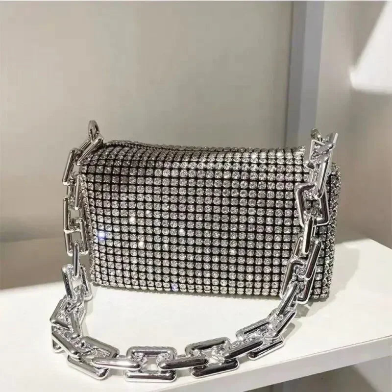 Rhinestone Bucket Bag β Glitter Mini Crossbody with Chain Strap