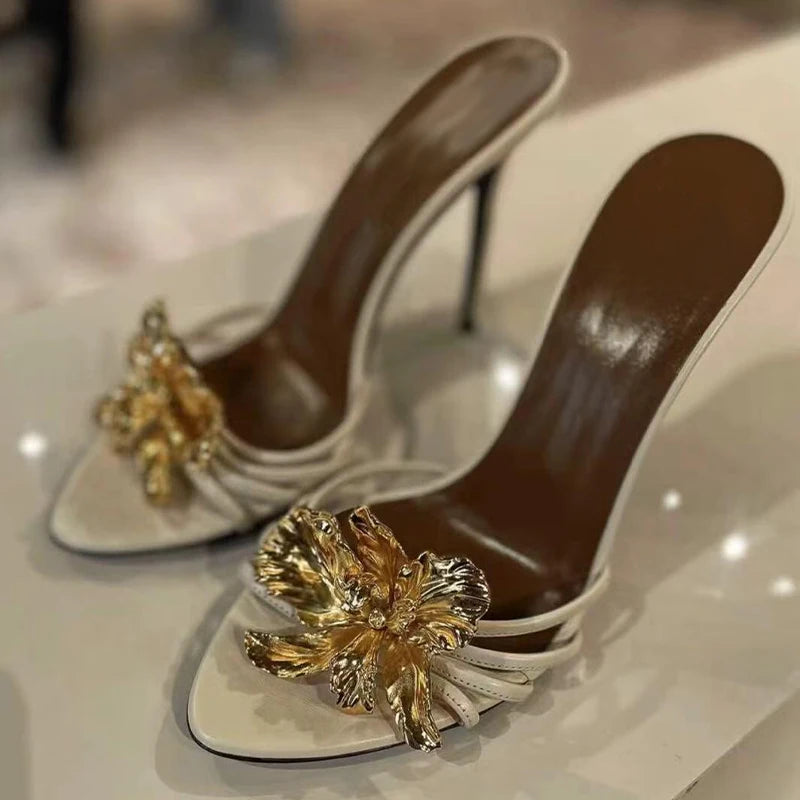 FloraStiletto 2025 β Metal Flower Thin Strap Sandals