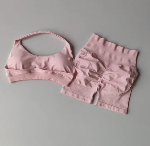 Peach Curve Halter Sports Set β High Waist Shorts & Backless Yoga Bra for Pilates & Fitness