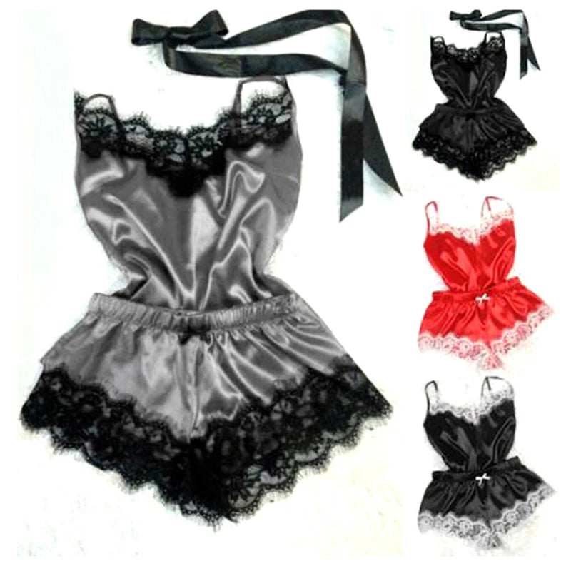 SilkWhisper – Lace Trim Satin Cami Set
