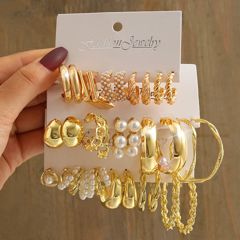 GeoPearl β Vintage Gold Geometric Pearl Earrings Set