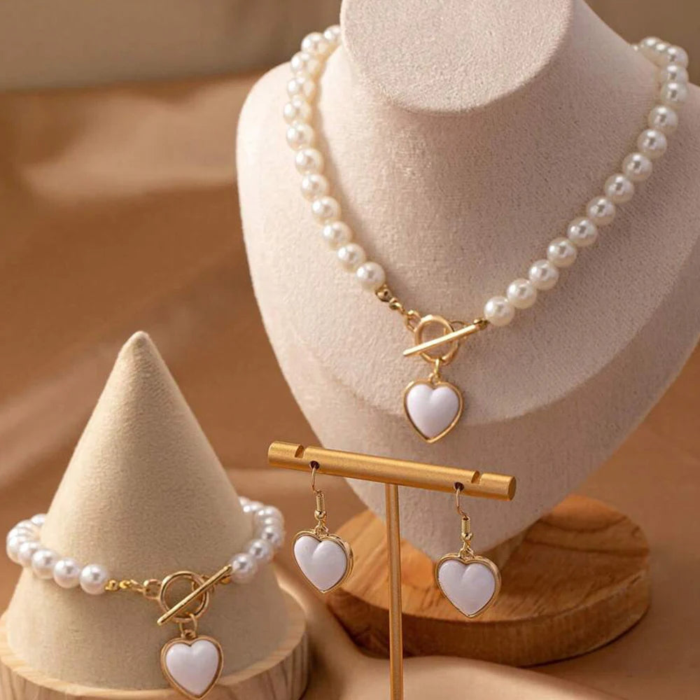Elegant Rose Pearl Jewelry Set β 3-Piece Imitation Pearl Necklace, Bracelet & Earrings with Heart Charm
