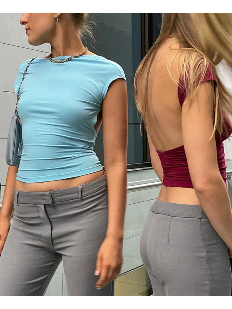 Y2K Backless Cut-Out Crop Top β Sexy Vintage Blue Summer Tee for Women