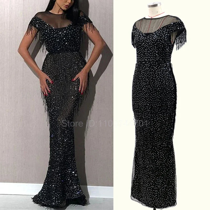 TulleWhisper β Embroidered Leaf Tassel Evening Gown