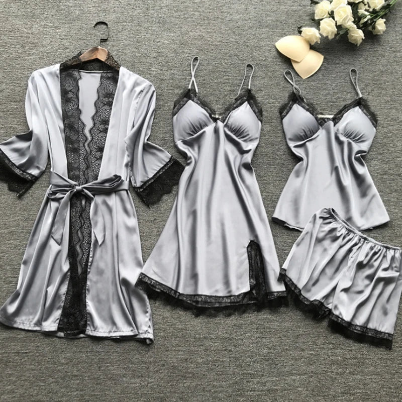 4-Piece Lace Pajama Set for Women β V-Neck Nightwear with Chest Pads