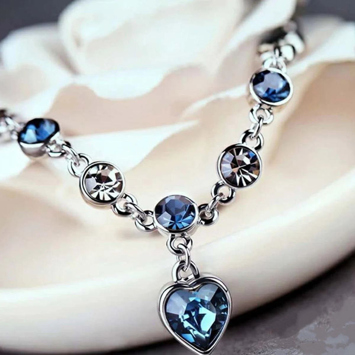 Women’s Silver Lucky Bracelet – Blue Crystal Heart Charm for Bridal & Gift