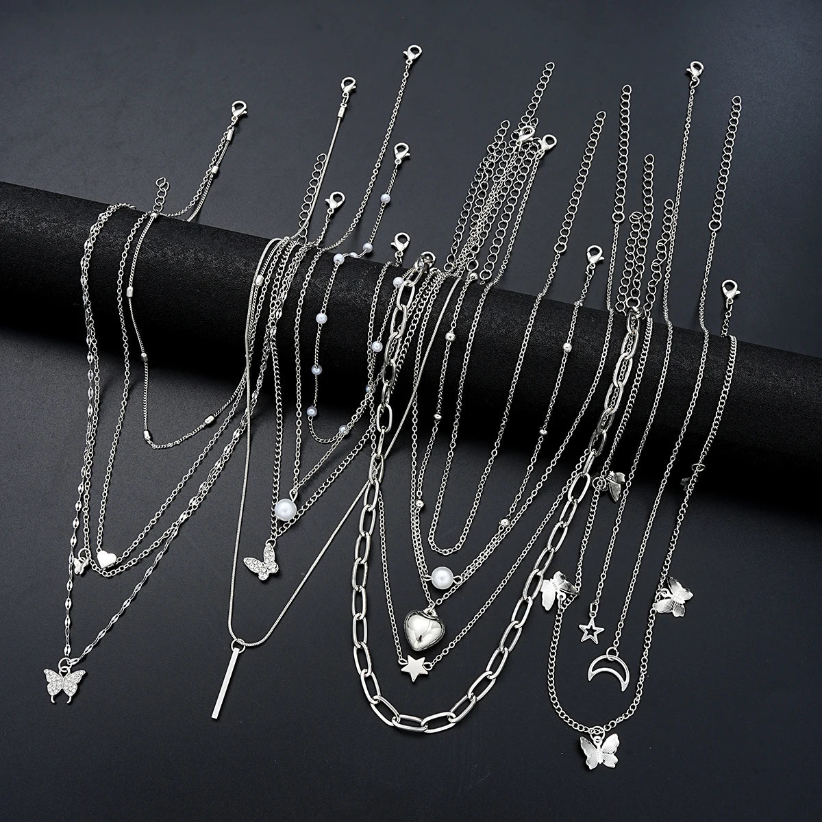 13Pcs Silver Charm Necklace Set β Butterfly, Heart, Star & Pearl Fashion Jewelry for Women
