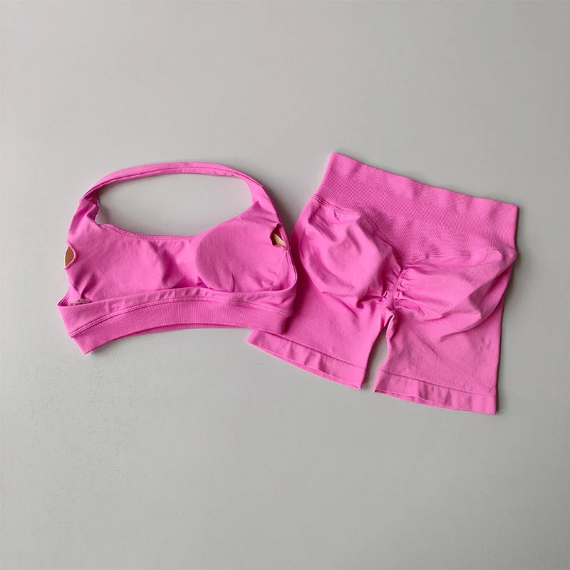 Peach Curve Halter Sports Set β High Waist Shorts & Backless Yoga Bra for Pilates & Fitness