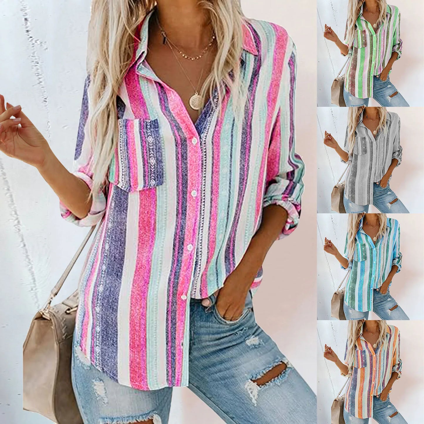 StriVibe β 2025 Striped V-Neck Button Blouse