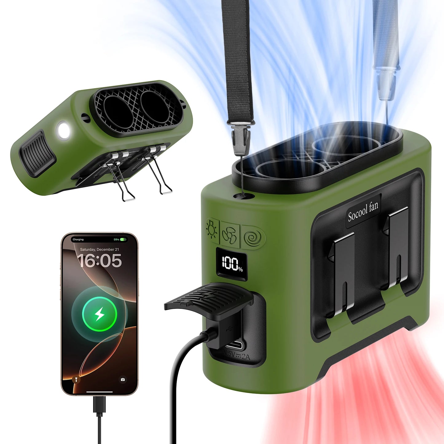 Socool 14500mAh Portable Waist Fan β Dual Airflow, Turbo Motor, Flashlight & Power Bank