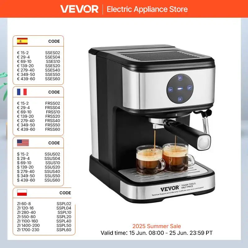 VEVOR 15-Bar Espresso Machine β Semi-Automatic Coffee Maker with Milk Frother