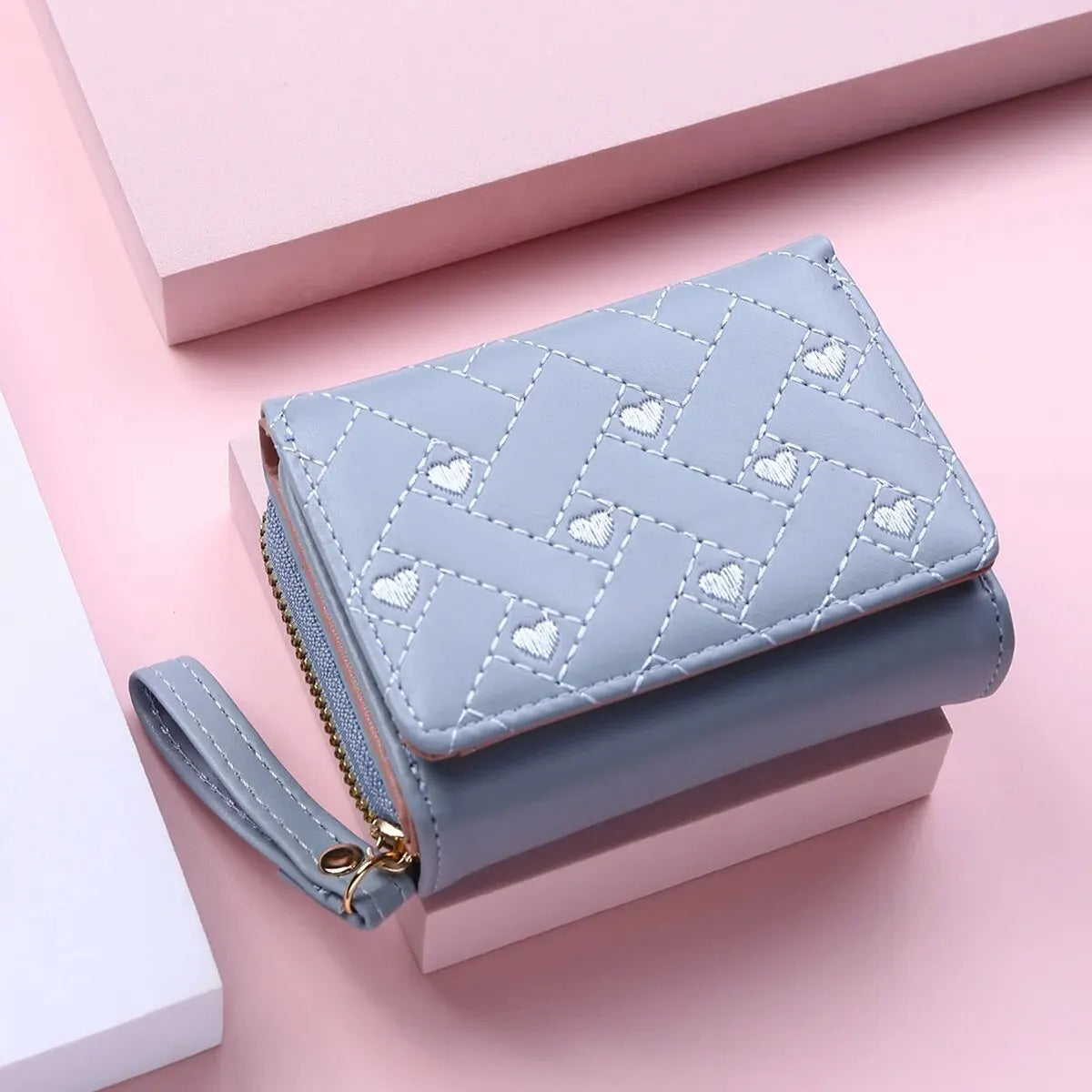 Women’s Short Embroidered Love Wallet – Large Capacity Card & Coin Zipper Bag