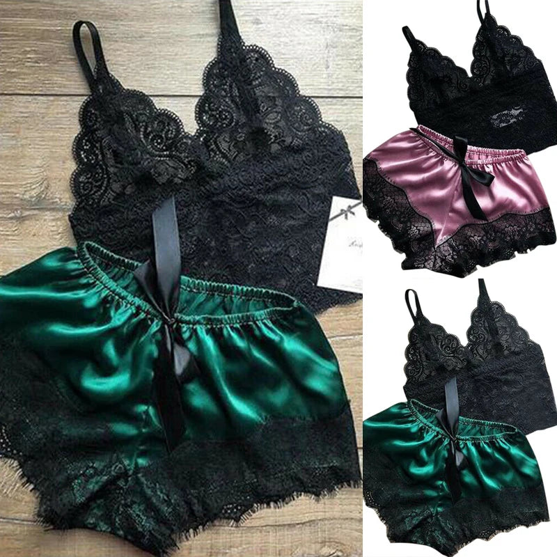 2-Piece Lace Lingerie Sleepwear Set β Cami Top & Shorts Pajamas