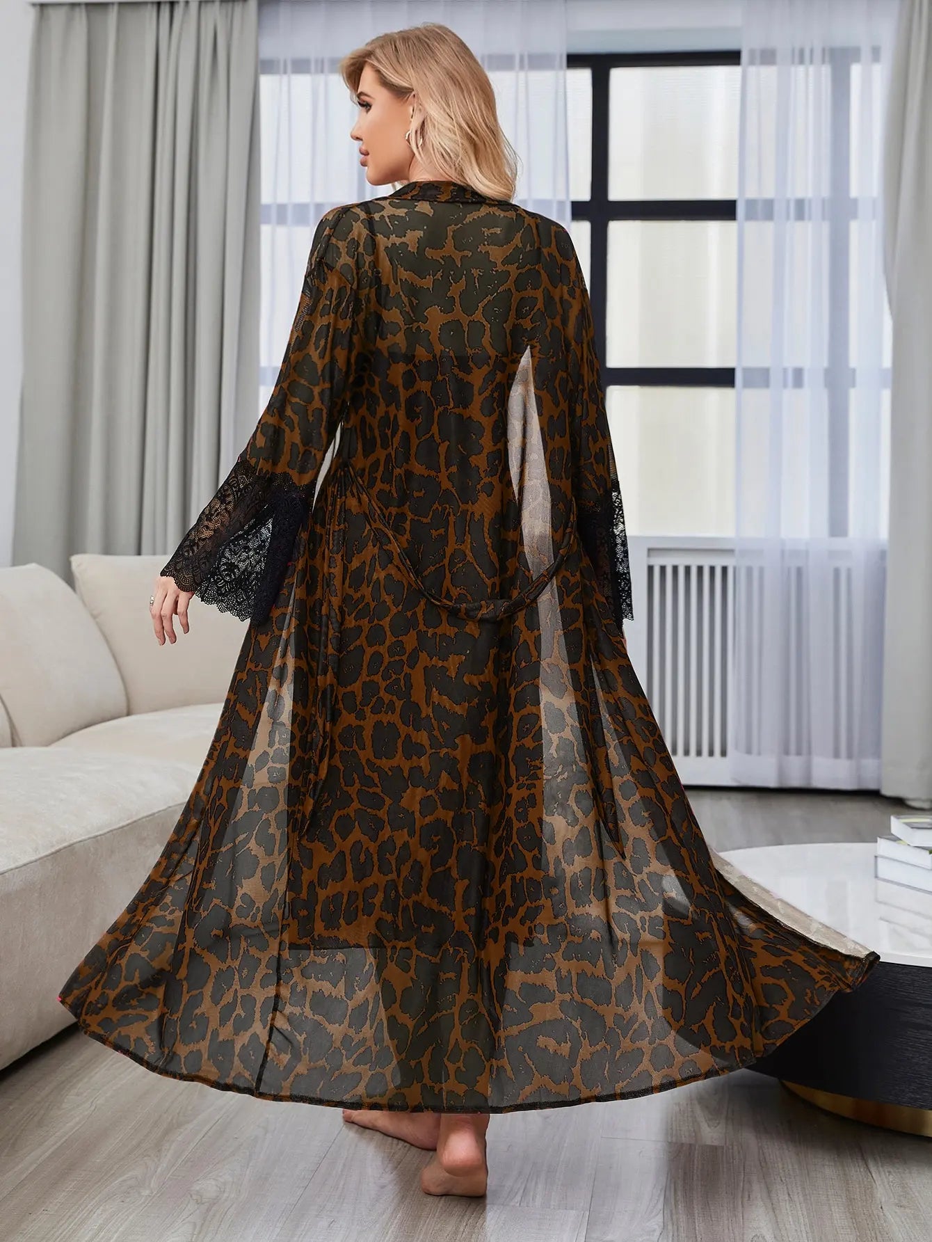 Leopard Lace Mesh Nightdress & Robe Set β Sexy Open-Side Bridal Sleepwear
