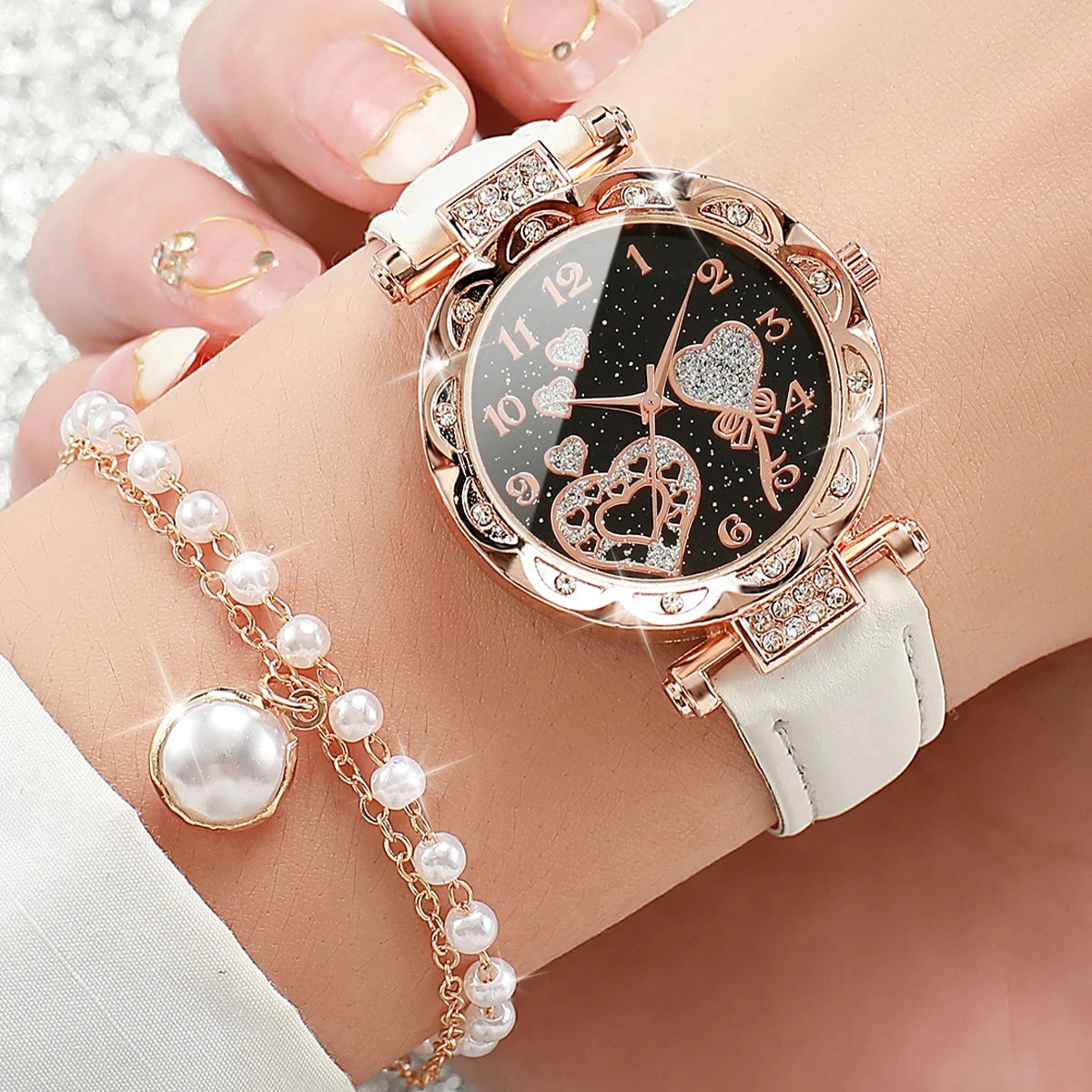 Shiny Rhinestone Watch & Faux Pearl Jewelry Set โ 4PCS Elegant Gift for Her