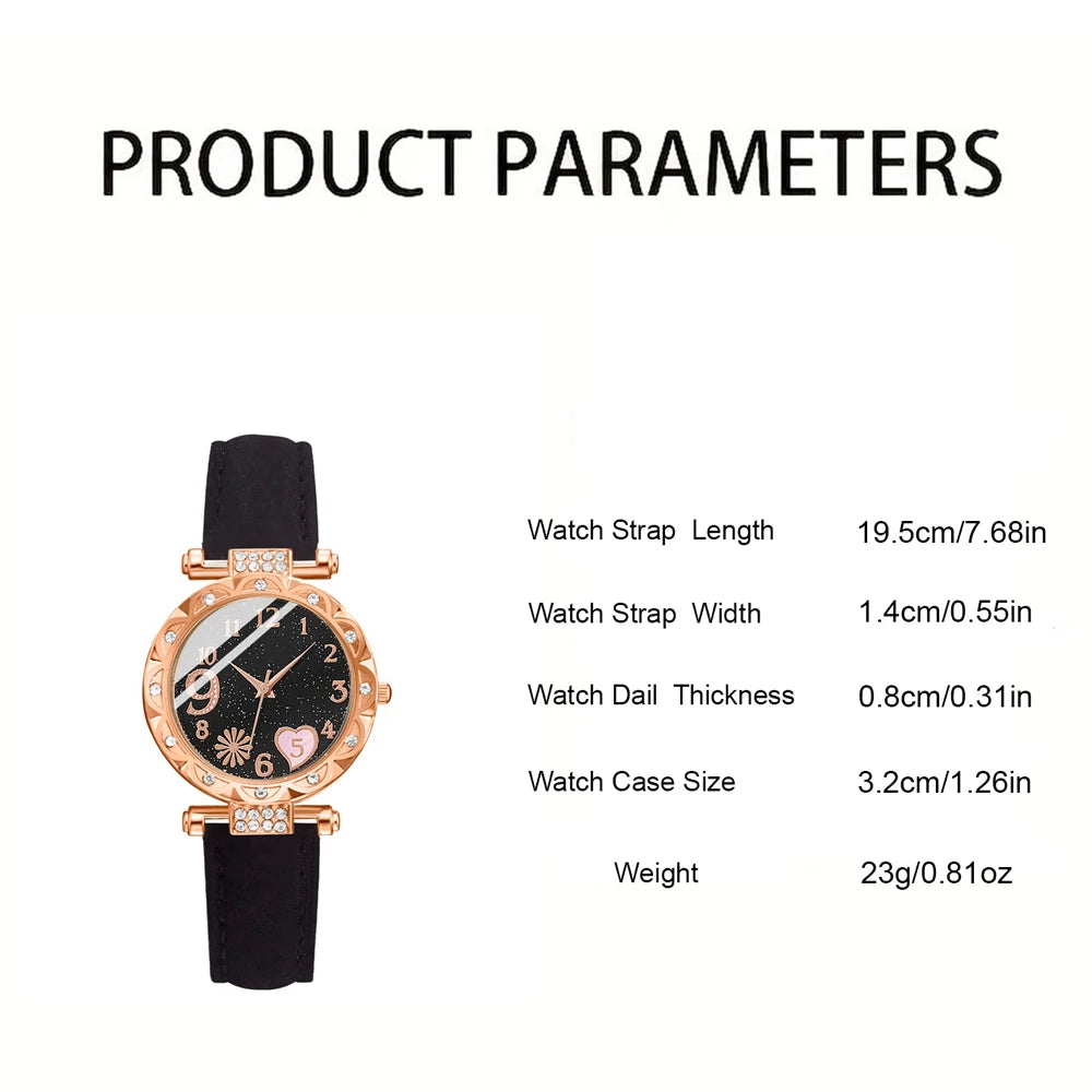6PCS Women’s Luxury Leather Analog Quartz Watch & Bracelet Set