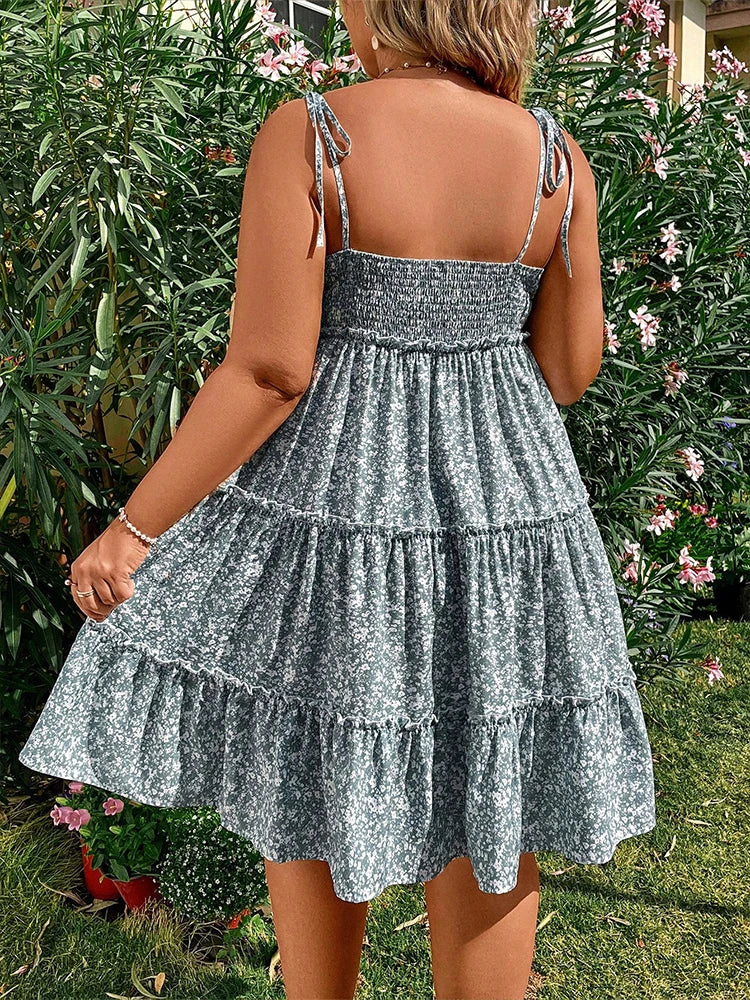 Plus Size Boho Floral Halter Dress β Backless Hollow-Out Summer Mini Dress