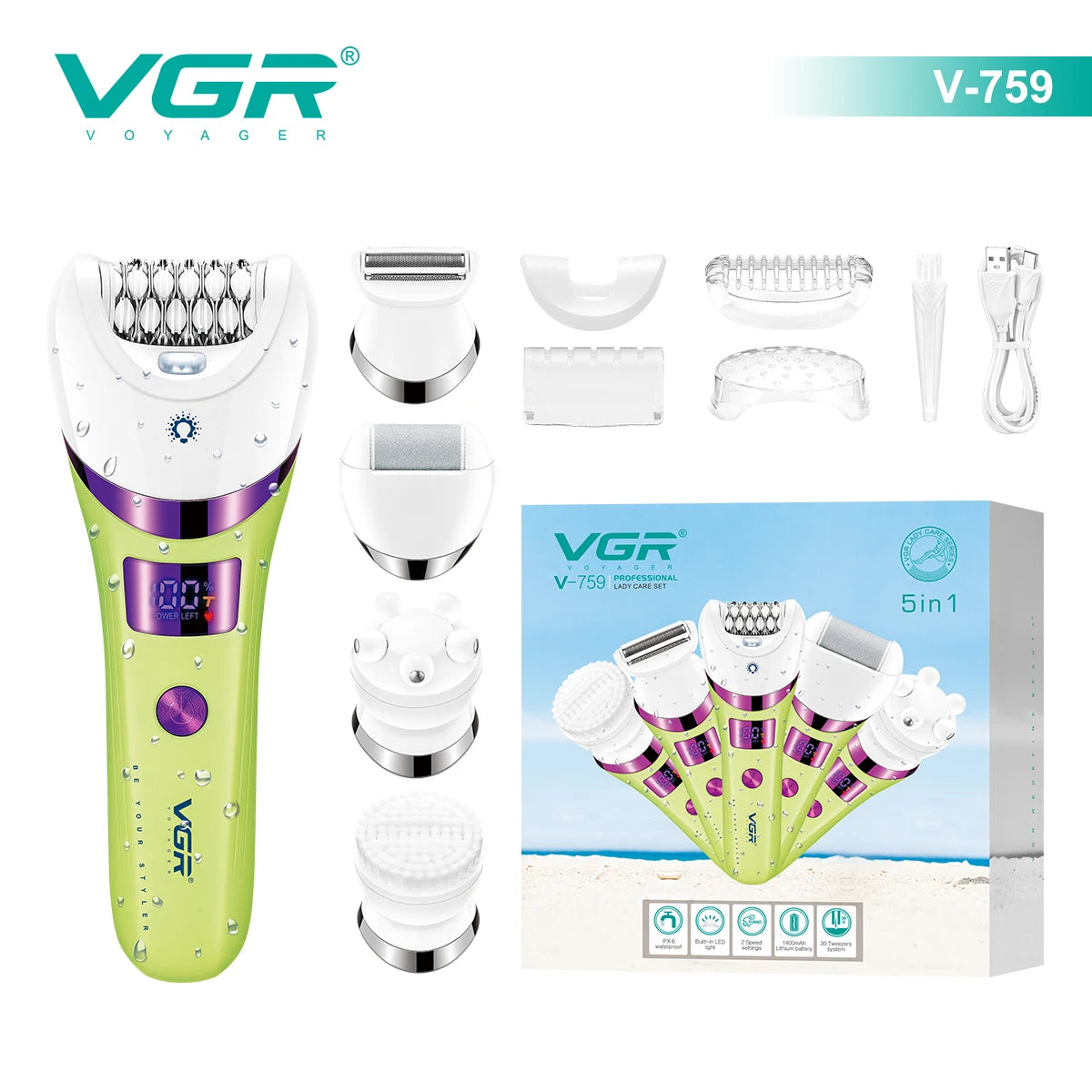 VGR V-759 5-in-1 Waterproof Electric Hair Trimmer & Epilator for Women