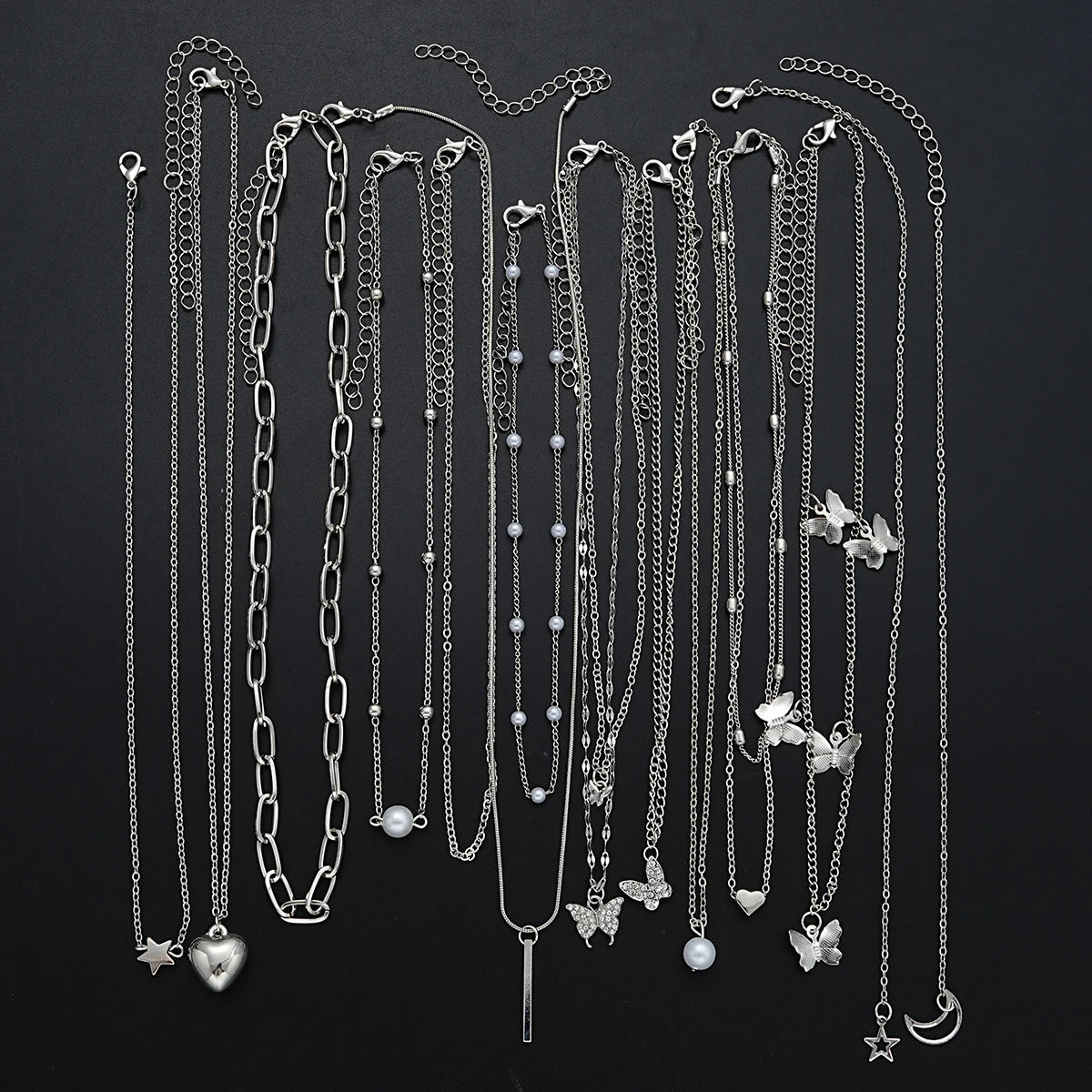 13Pcs Silver Charm Necklace Set β Butterfly, Heart, Star & Pearl Fashion Jewelry for Women