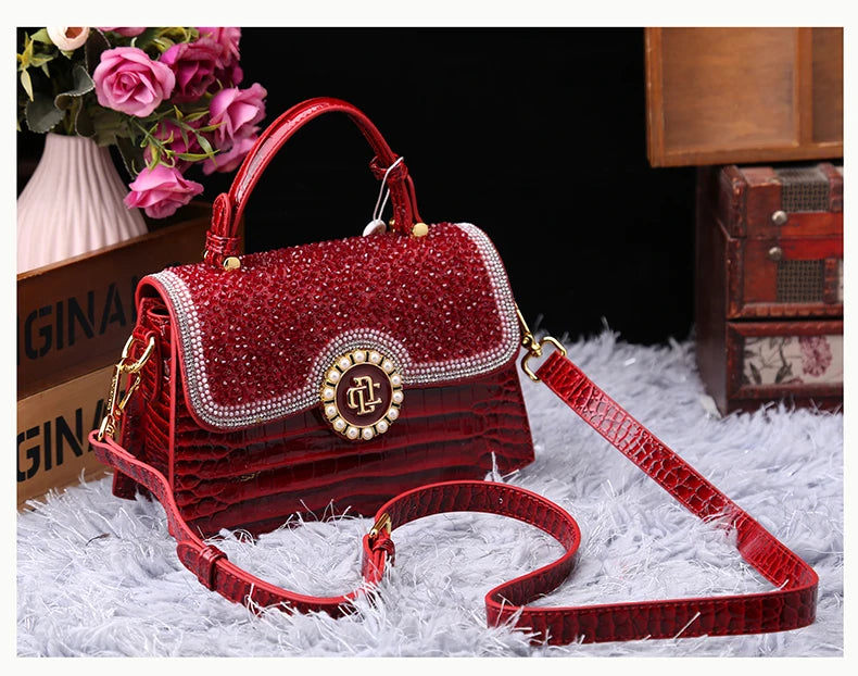 CrimsonGlam β 2025 Croc-Pattern Diamond Shell Handbag