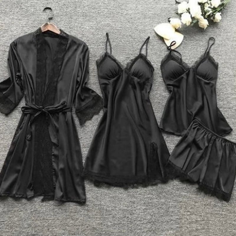 4-Piece Lace Pajama Set for Women β V-Neck Nightwear with Chest Pads