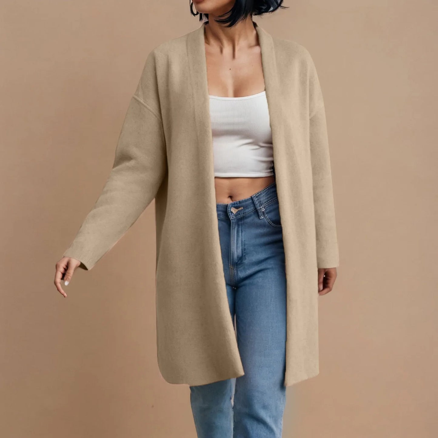 CozyEase β Women's Long Knit Cardigan with V-Neck & Open Front