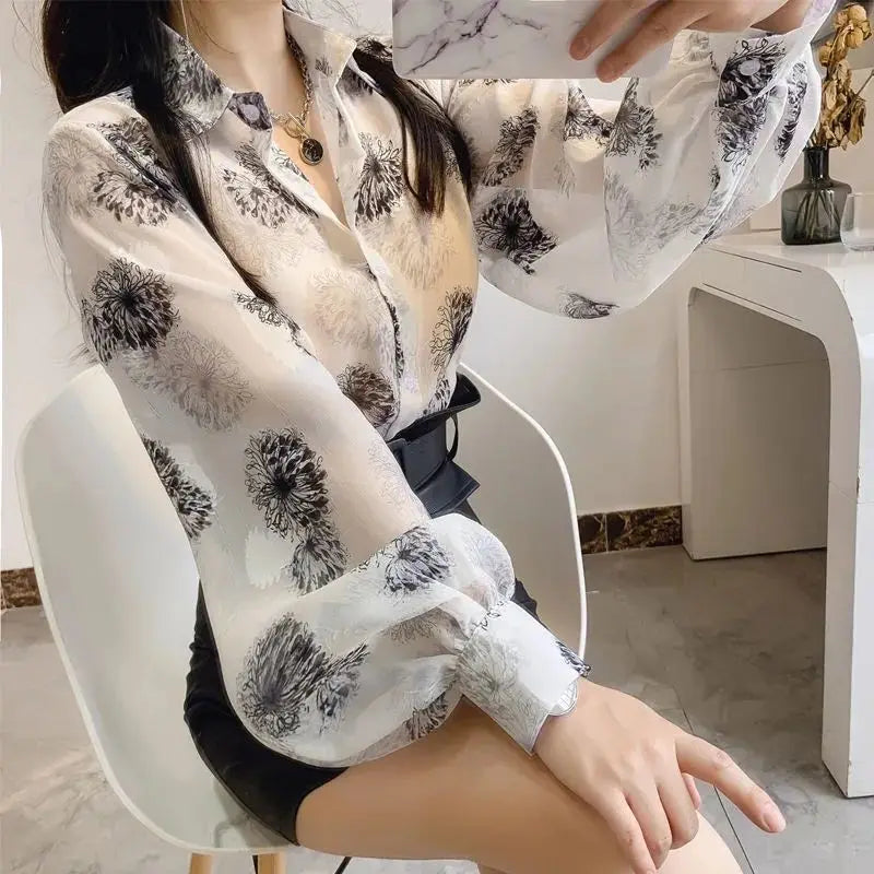 Women's Spring Fashion Simplicity Sexy Floral Long Sleeve Chiffon Shirts Women Clothes Trend Casual Elegant Temperament Tops