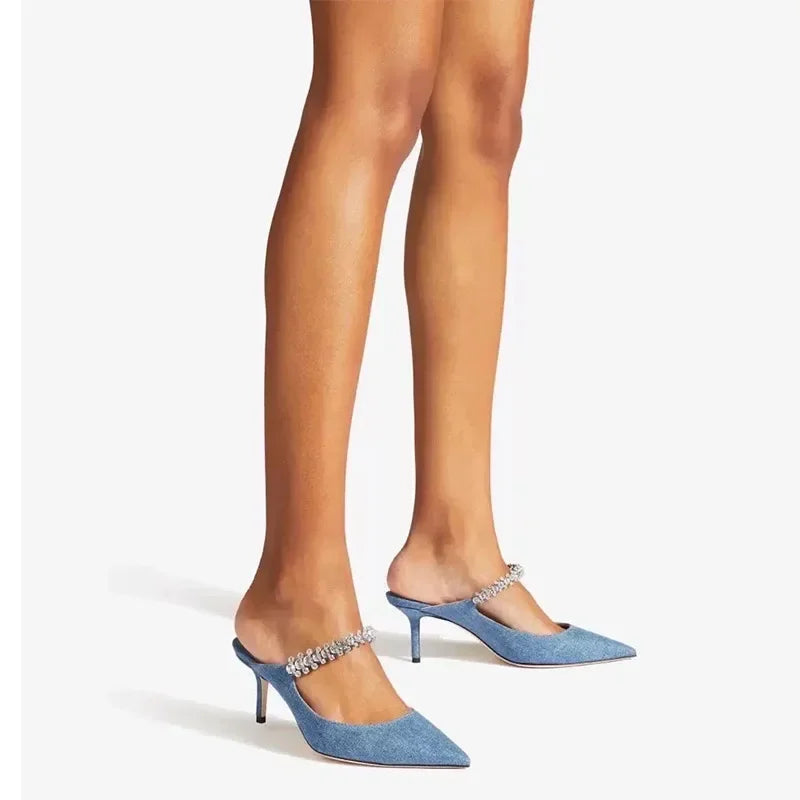 RhinestoneGlow β Pointed Baotou Summer High Heels