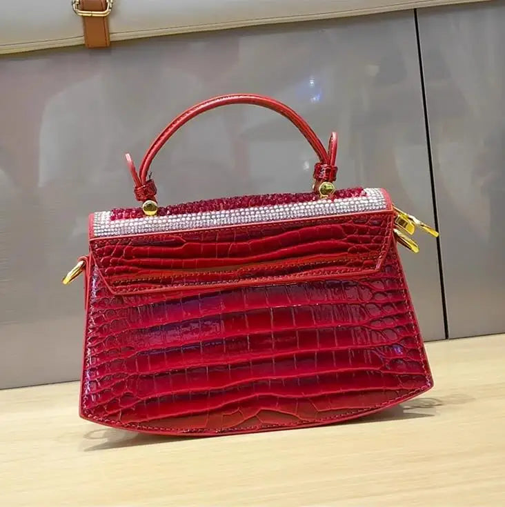 CrimsonGlam β 2025 Croc-Pattern Diamond Shell Handbag