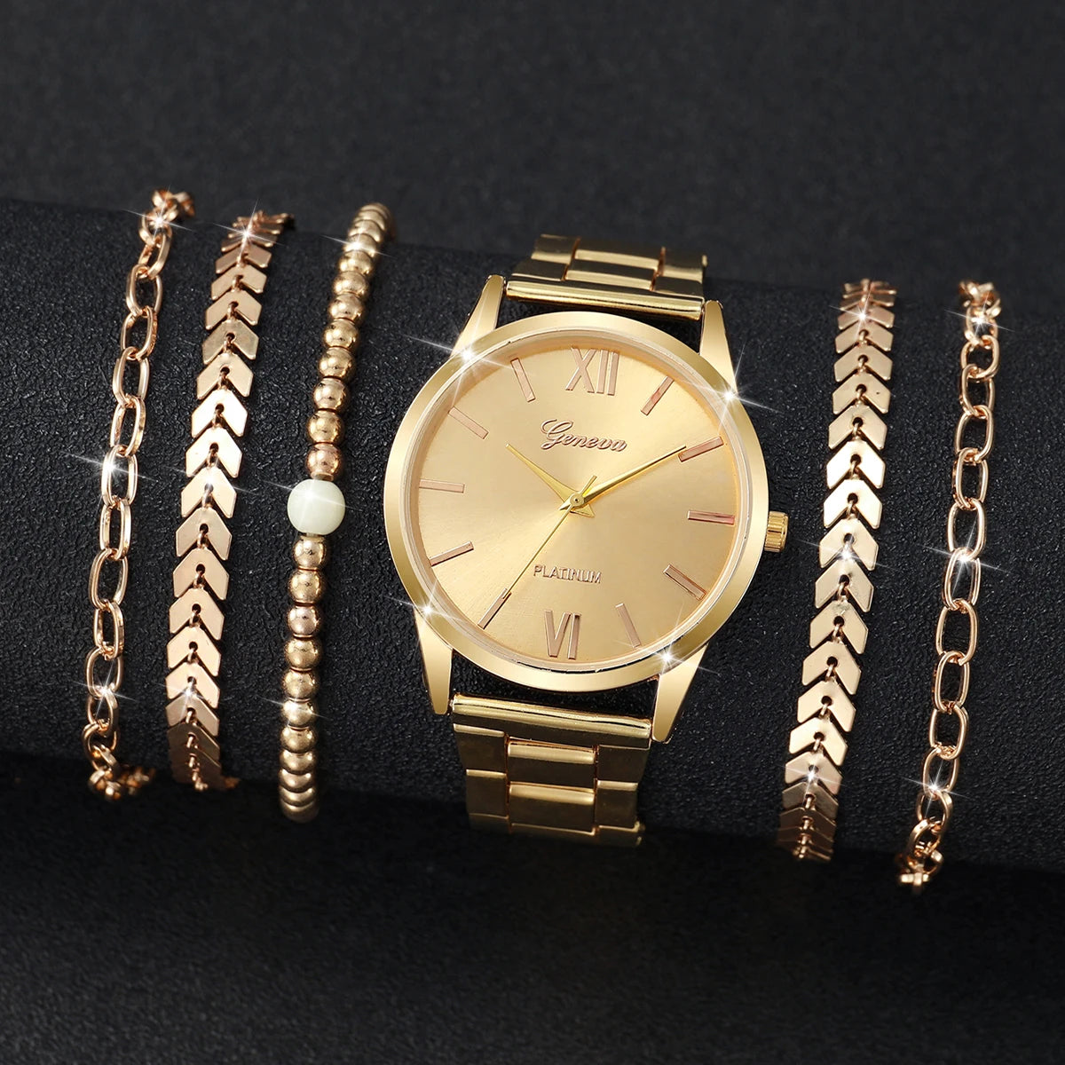 GoldenGlam – 3/6PCS Women's Gold Watch & Bracelet Set