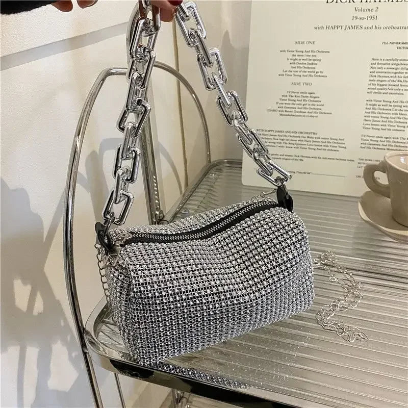 Rhinestone Bucket Bag β Glitter Mini Crossbody with Chain Strap
