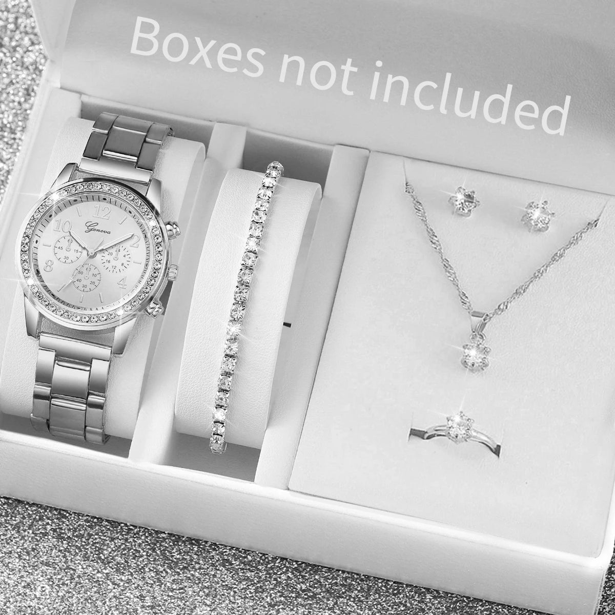 6PCS Women's Rhinestone Watch & Jewelry Set β Stainless Steel Quartz Elegance
