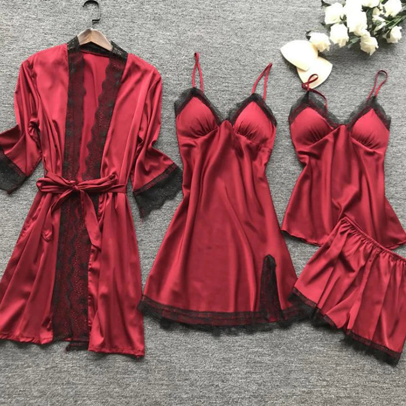 4-Piece Lace Pajama Set for Women β V-Neck Nightwear with Chest Pads