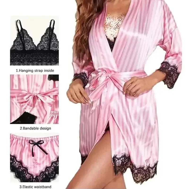 Satin Pajama Set with Lace Trim β Printed Faux Silk Sleepwear for Women