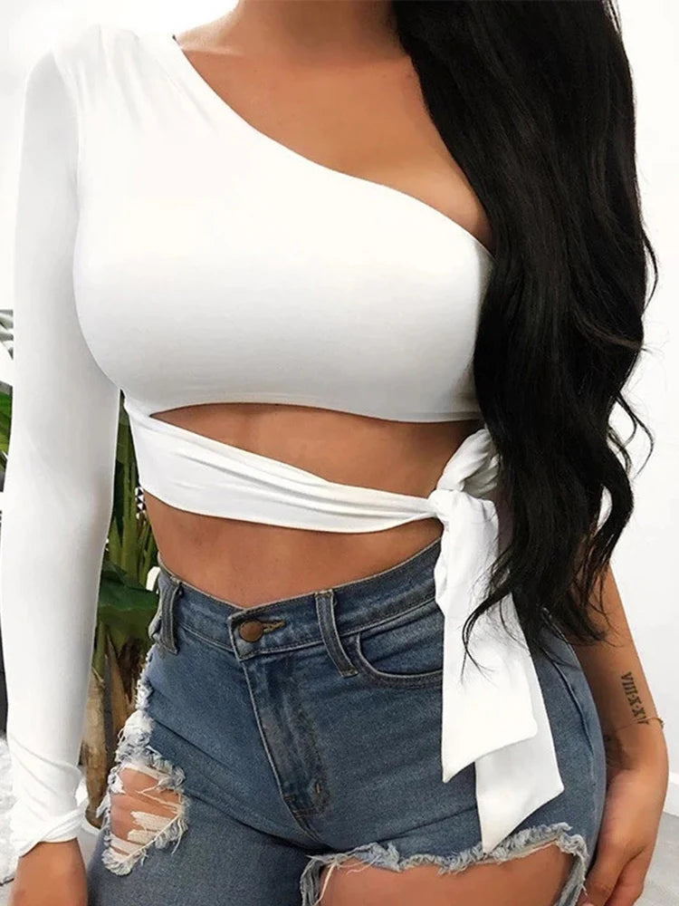 Women’s Bandage Slim Tee – One-Shoulder Bow-Tie Crop Top