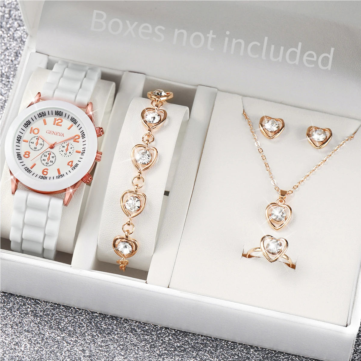 5/6PCS Women’s Fashion Watch & Jewelry Set – Silicone Band Quartz Watches Gift (No Box)