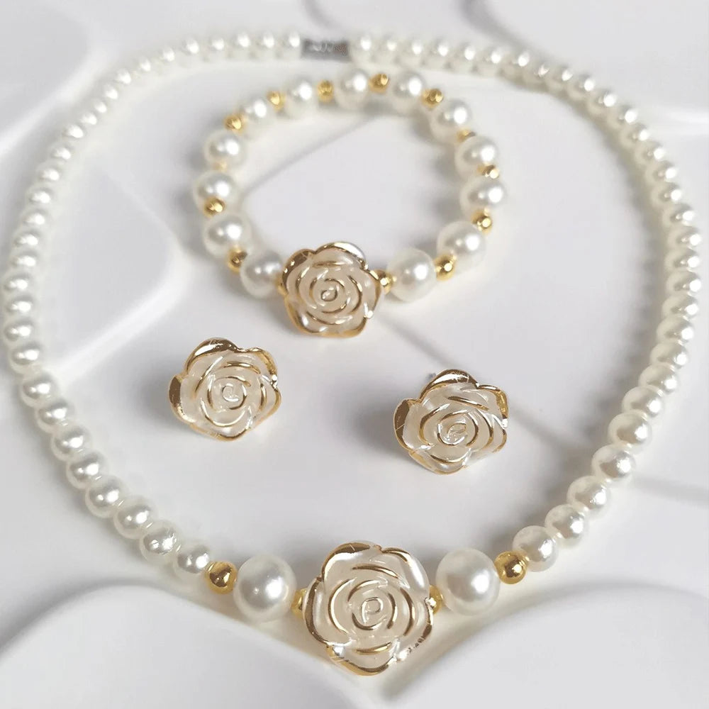 Elegant Rose Pearl Jewelry Set β 3-Piece Imitation Pearl Necklace, Bracelet & Earrings with Heart Charm